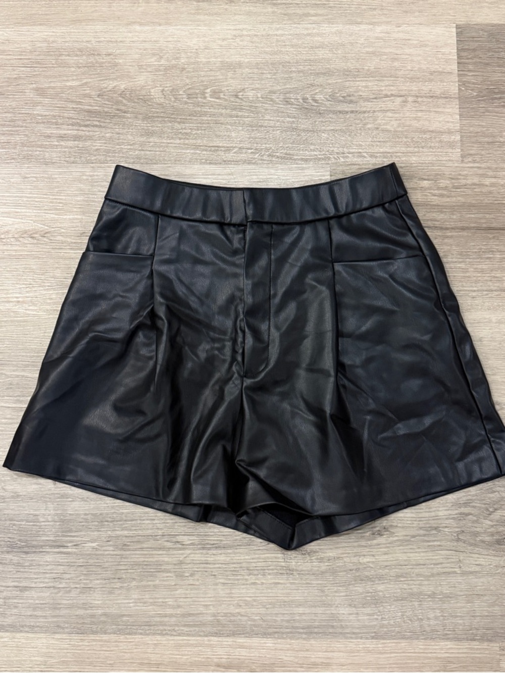 Zara Black Faux Leather High-Waist Pleated Shorts